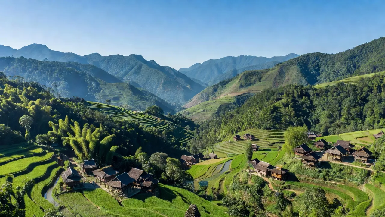 Khung cảnh tỉnh Lai Châu, vùng núi Tây Bắc Việt Nam với thiên nhiên hoang sơ và văn hóa dân tộc đa dạng.