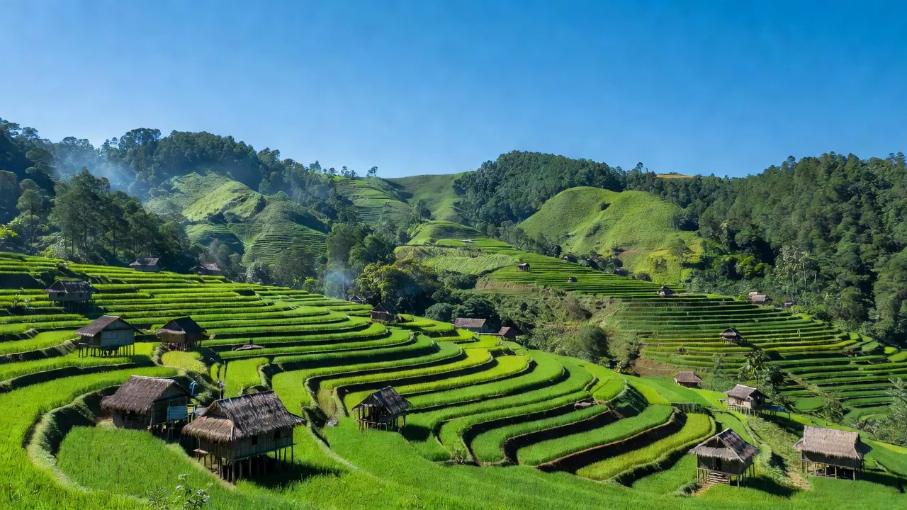 Khung cảnh xanh tươi ở Xã B' Lá, huyện Bảo Lâm, Lâm Đồng với ruộng bậc thang và nhà truyền thống.