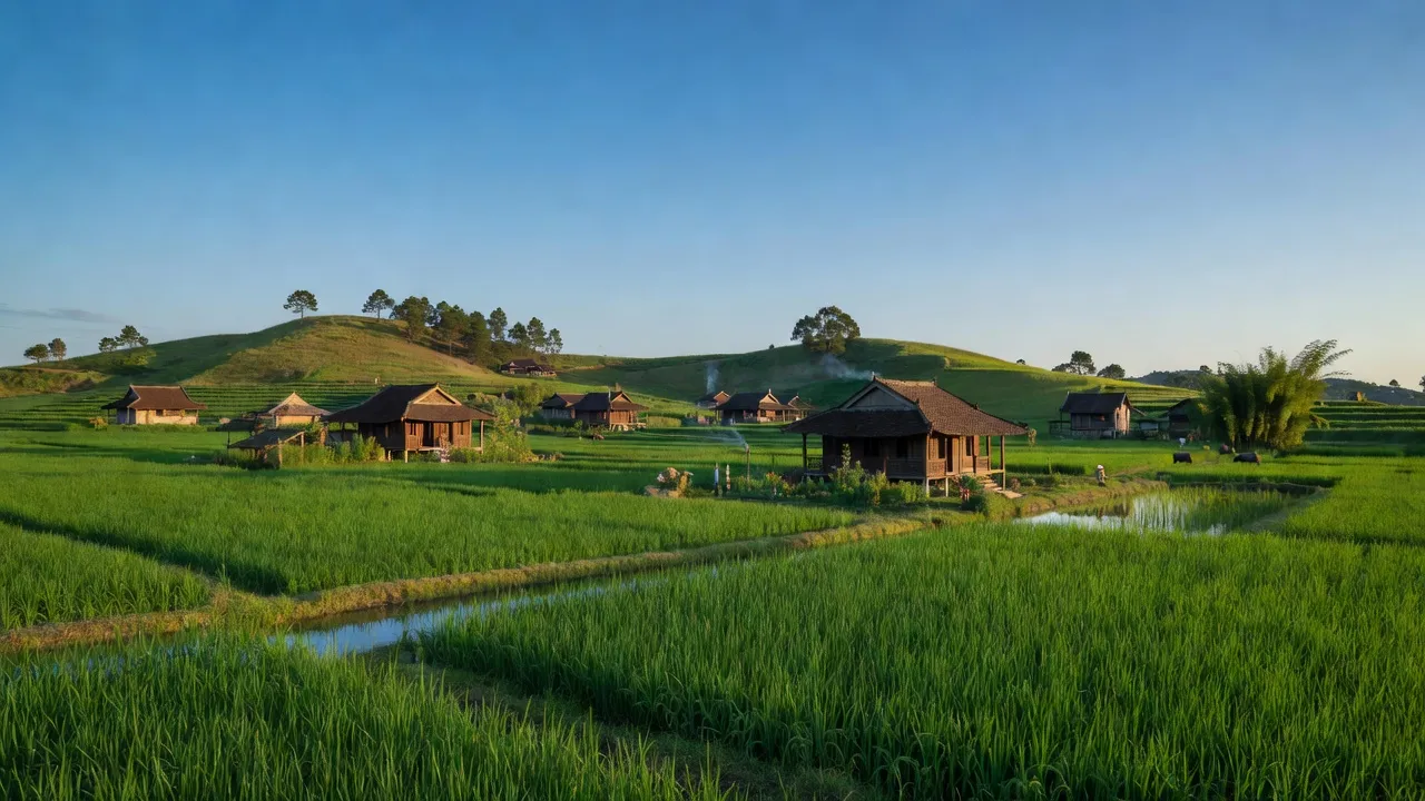 Khung cảnh yên bình xã Lộc Bảo, huyện Bảo Lâm, tỉnh Lâm Đồng với ruộng xanh và nhà truyền thống.