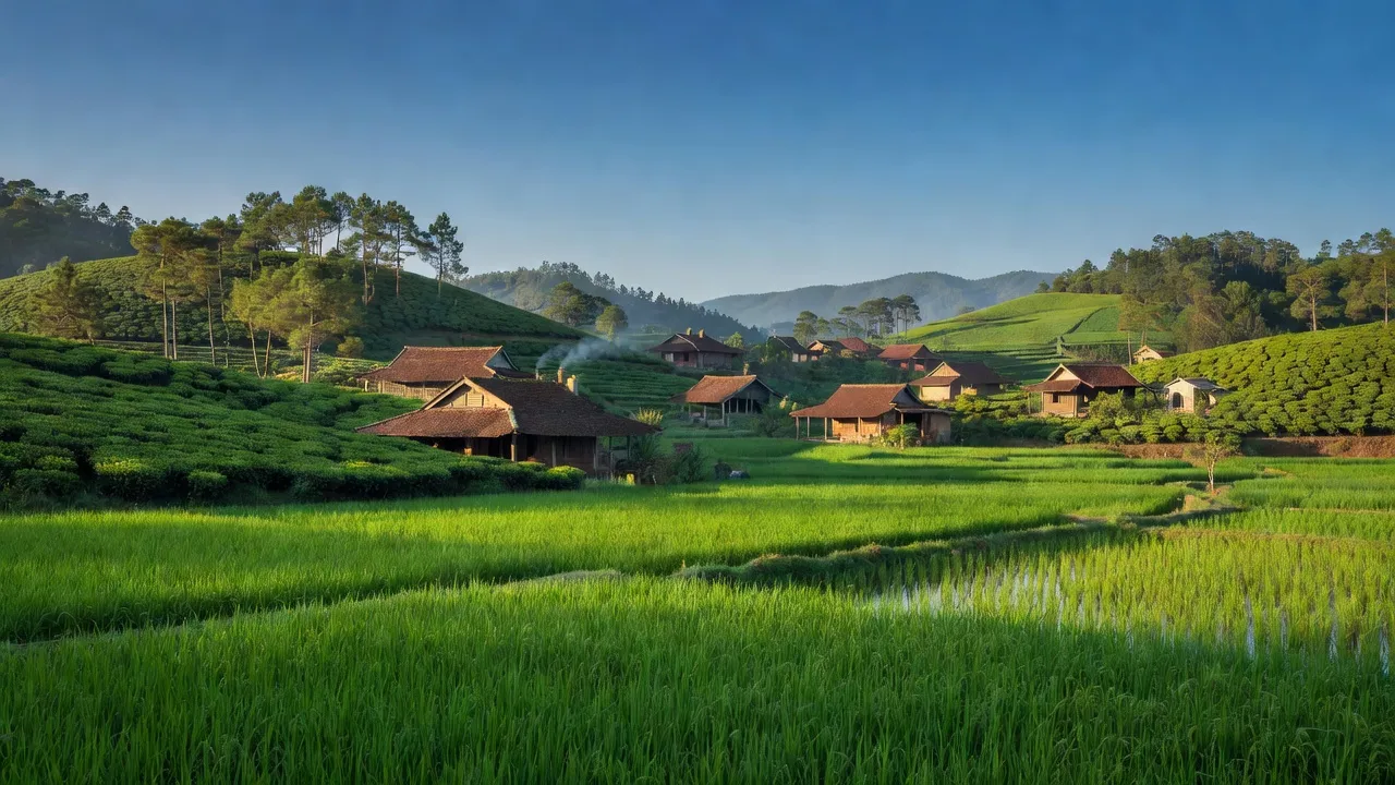 Cảnh đẹp xã Lộc Nam, huyện Bảo Lâm, Lâm Đồng với đồng xanh và kiến trúc nông thôn.