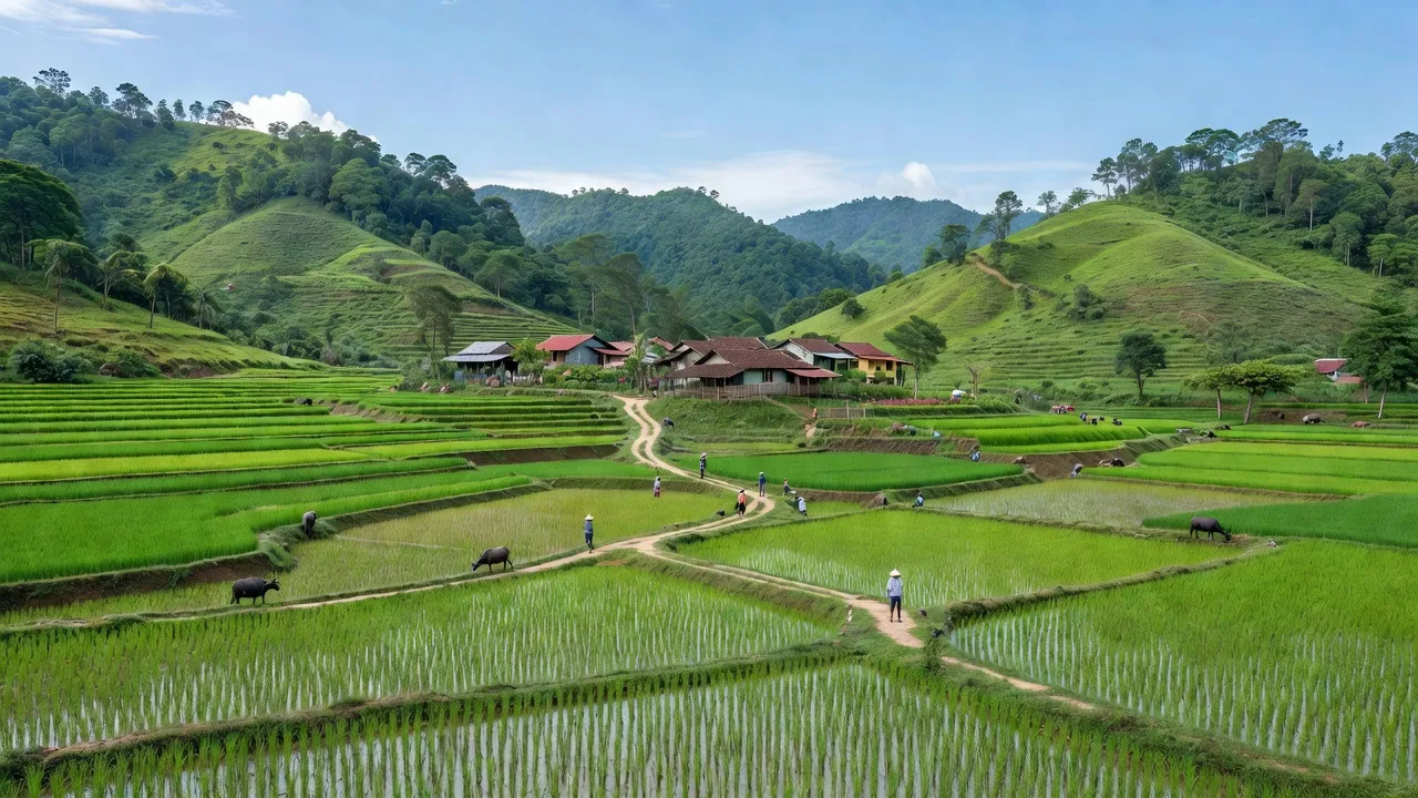 Khung cảnh Xã Lộc Ngãi, huyện Bảo Lâm, tỉnh Lâm Đồng với đồng xanh và cuộc sống dân dã.
