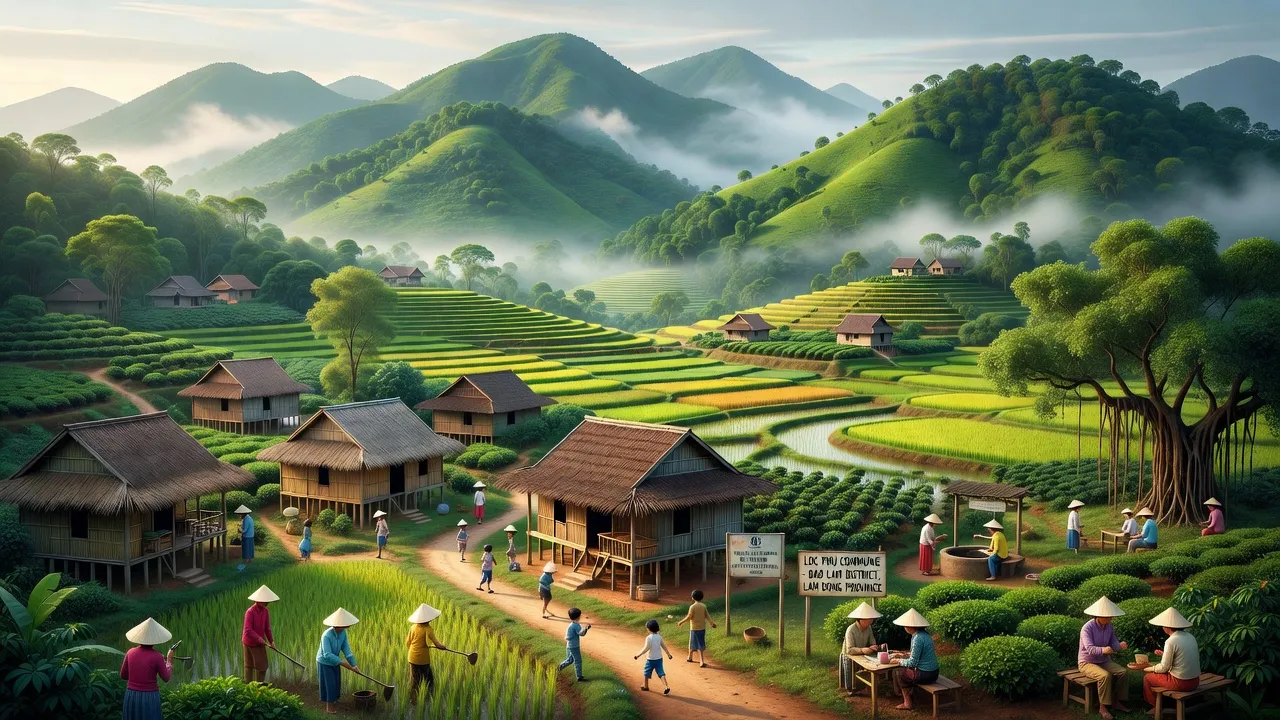 Khung cảnh tuyệt đẹp xã Lộc Phú, huyện Bảo Lâm với núi non xanh tươi và làng quê yên bình.