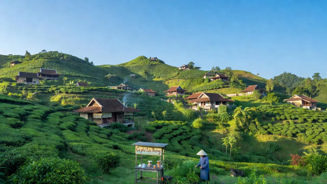 Khung cảnh thị trấn Lộc Thắng, Bảo Lâm, Lâm Đồng với những ngọn đồi xanh tươi.