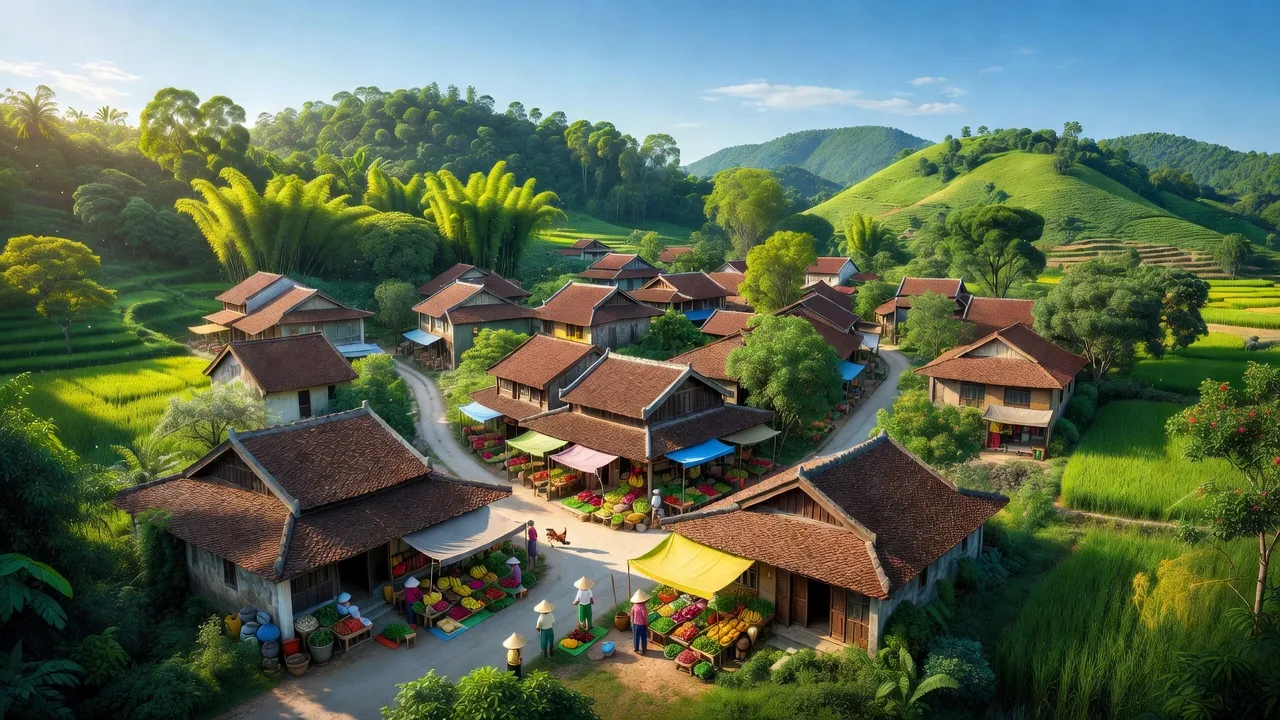 Thị trấn Lộc Thắng ở Bảo Lâm với cảnh quan xanh tươi, nhà truyền thống và không khí trong lành.