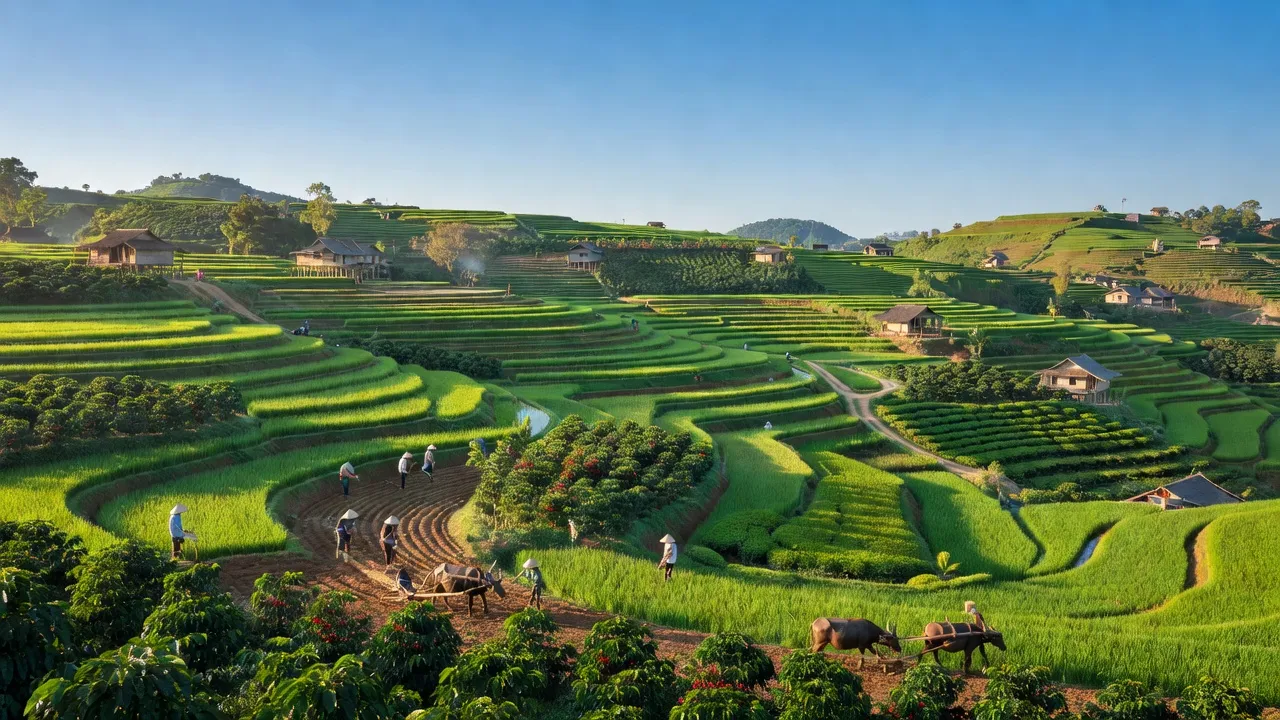 Khung cảnh Tân Lạc, huyện Bảo Lâm, tỉnh Lâm Đồng, với những cánh đồng xanh tươi và đồi núi.