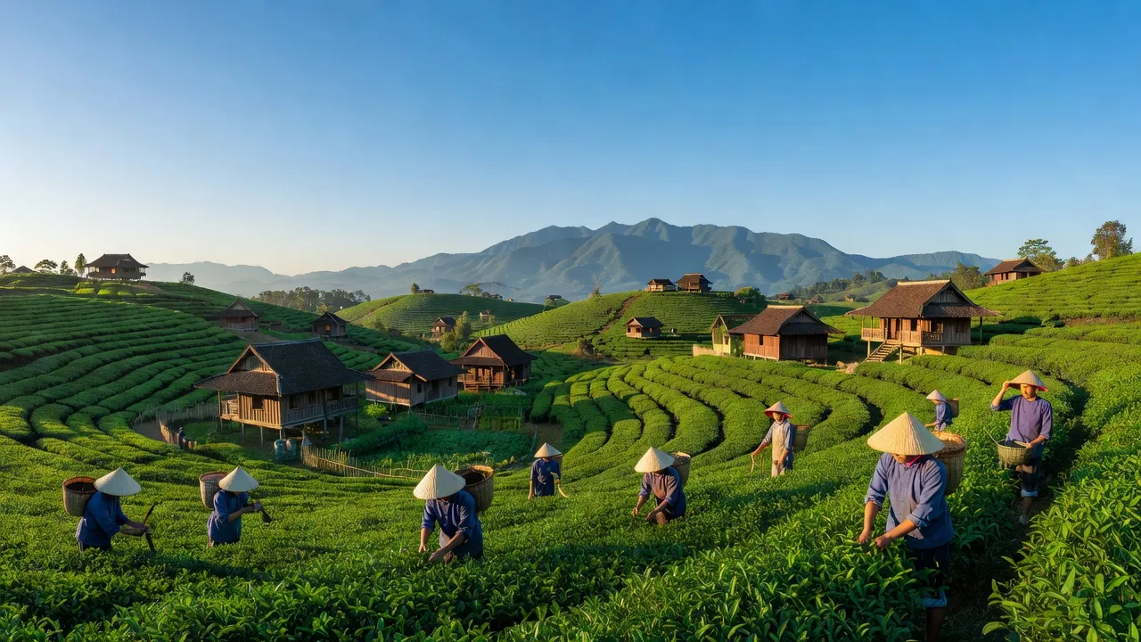 Khung cảnh Xã Tân Lạc, huyện Bảo Lâm, tỉnh Lâm Đồng với đồi núi và đồn điền trà xanh.