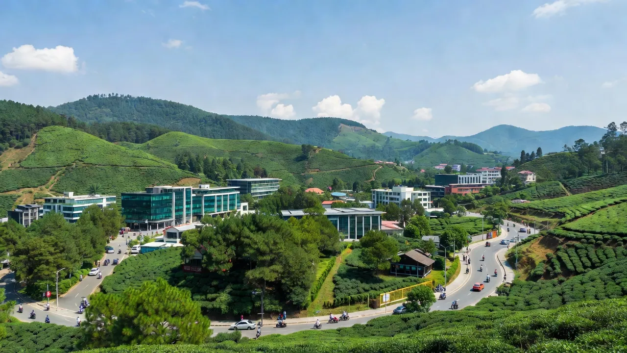Khung cảnh thành phố Bảo Lộc, Lâm Đồng với ngọn đồi xanh mướt và kiến trúc hiện đại.