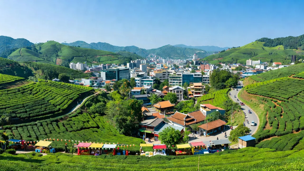 Thành phố Bảo Lộc, Lâm Đồng với đồi chè xanh mướt và trung tâm đô thị sôi động.