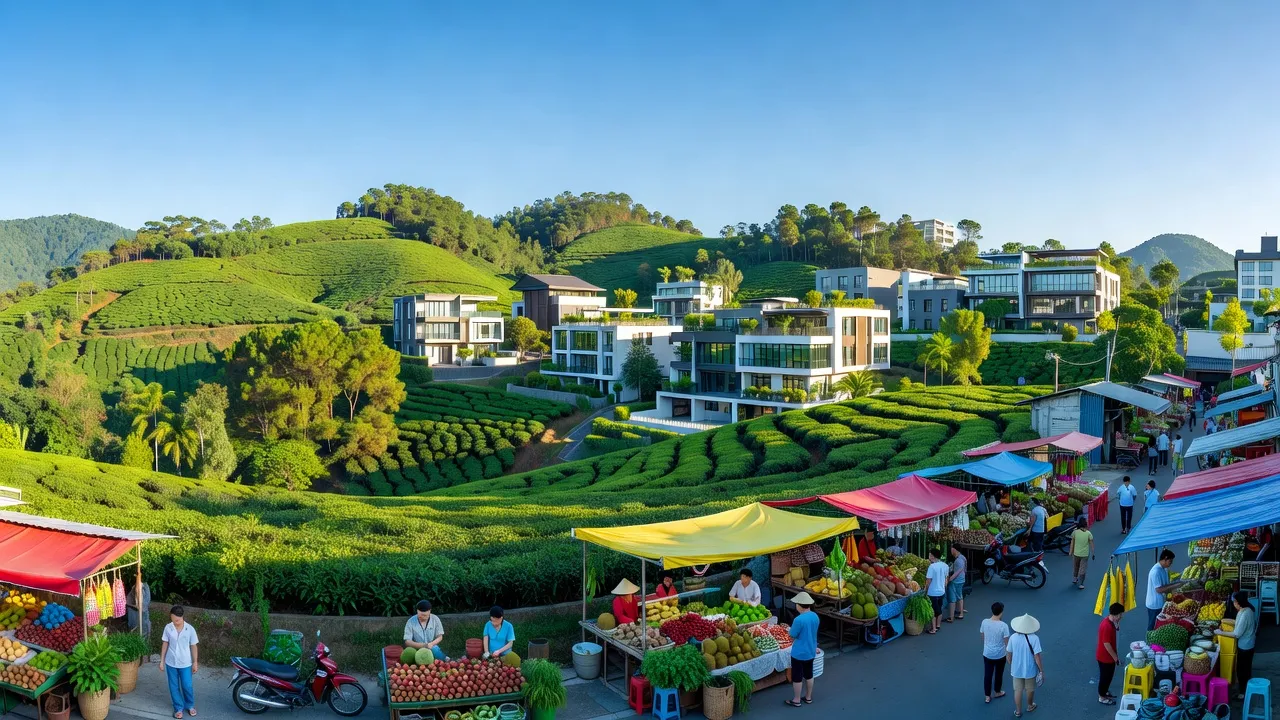 Khung cảnh thiên nhiên xanh tươi và đô thị hiện đại tại Phường 2, Bảo Lộc, Lâm Đồng.