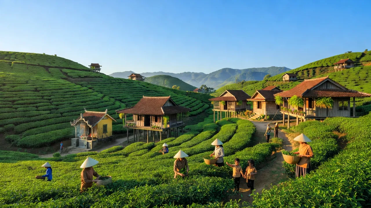 Khung cảnh Phường B'Lao, Thành phố Bảo Lộc, gồm đồi xanh, đồn điền trà và bầu trời xanh.