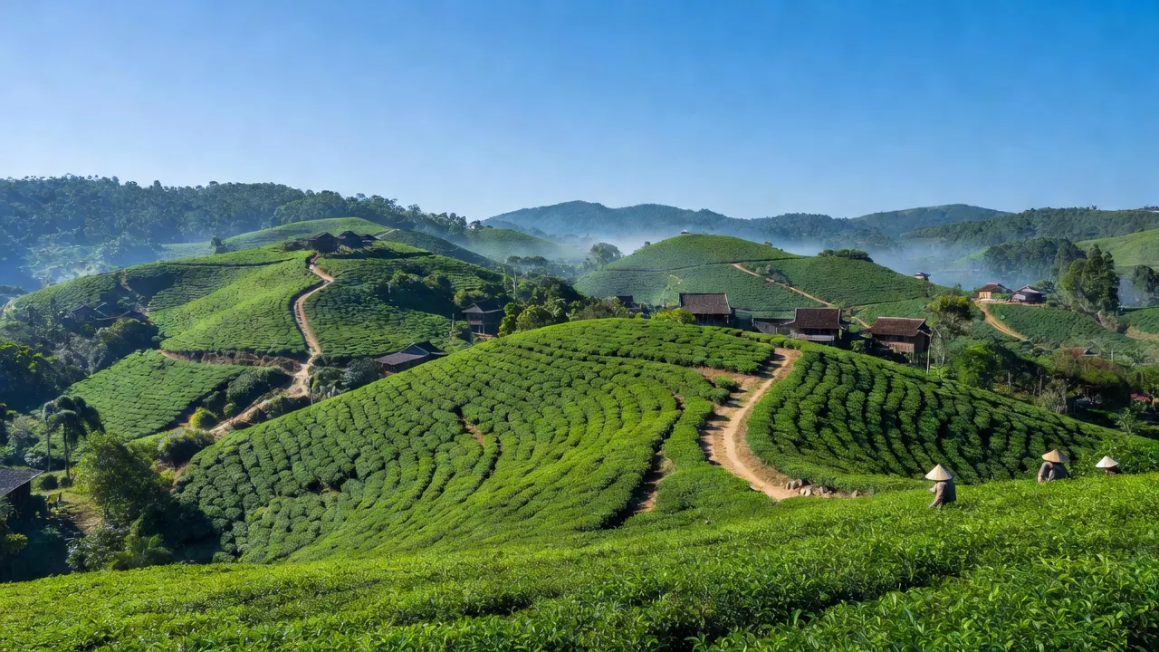 Khung cảnh Đạm Bri, Bảo Lộc, Lâm Đồng với đồi chè, bầu trời xanh trong, vùng cao nguyên.
