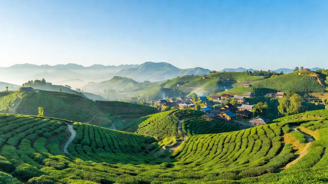 Khung cảnh xanh tươi xã Đạm Bri, Bảo Lộc, Lâm Đồng với đồi trà và bầu trời trong xanh.