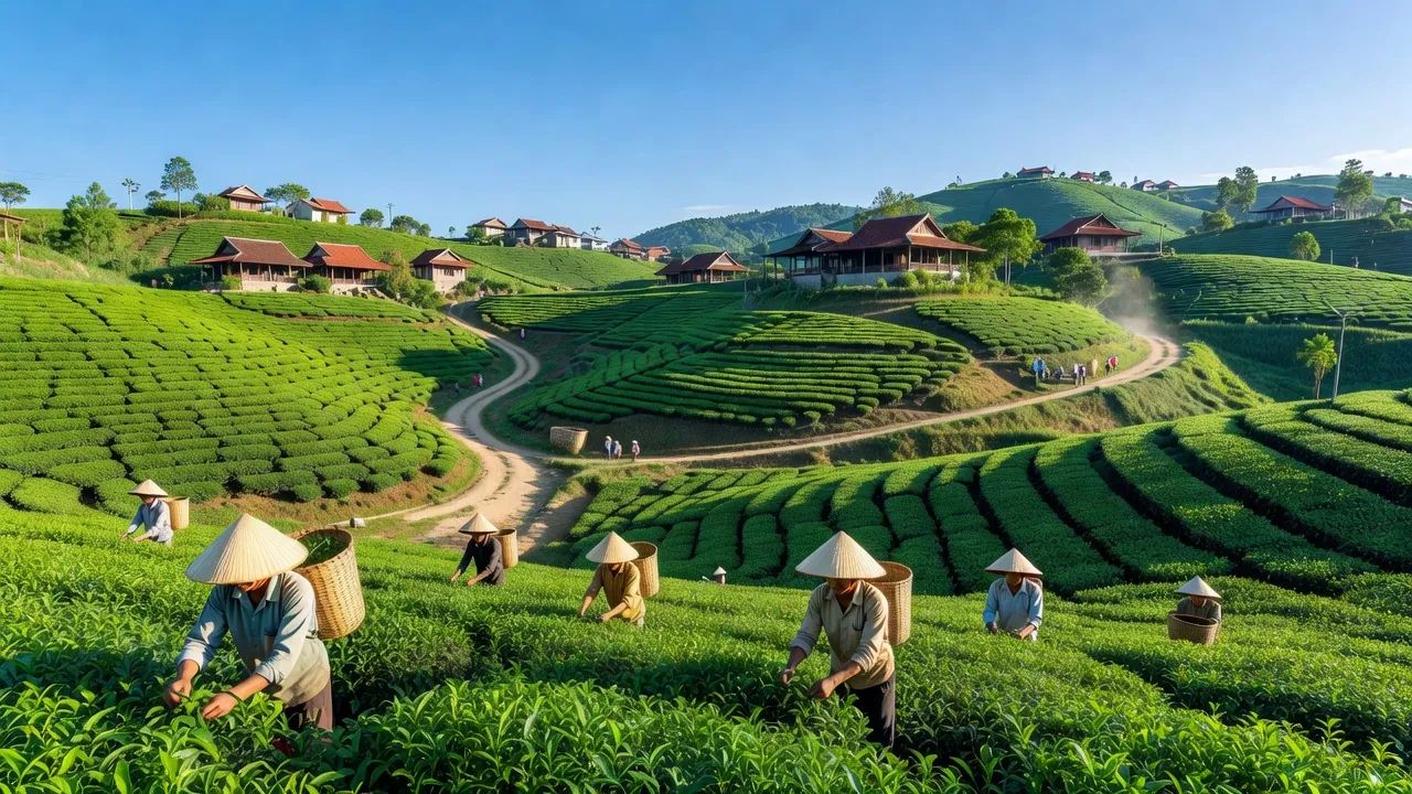 Khung cảnh yên bình tại xã Lộc Châu, Bảo Lộc với đồi trà xanh mướt và trời xanh trong.