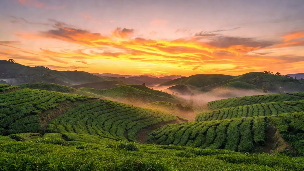 Khung cảnh thanh bình Xã Lộc Nga, Thành phố Bảo Lộc với đồi chè và hoàng hôn rực rỡ.