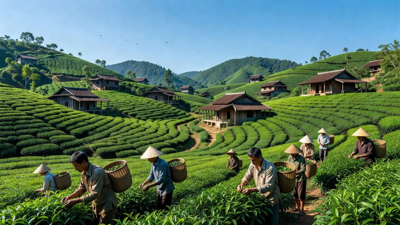 Khung cảnh Phường Lộc Phát, Bảo Lộc với đồn điền trà xanh tươi và đồi núi dưới bầu trời xanh.
