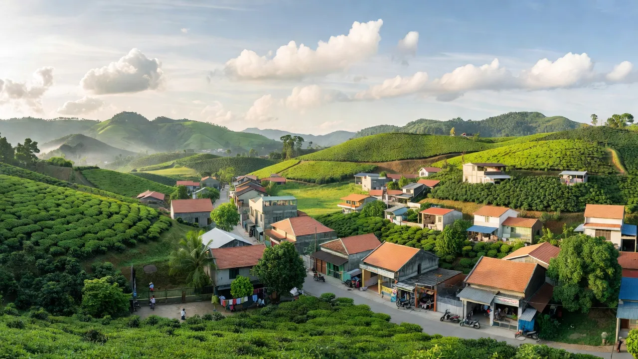 Khung cảnh phường Lộc Phát, thành phố Bảo Lộc với đồi xanh và bầu trời trong sáng.