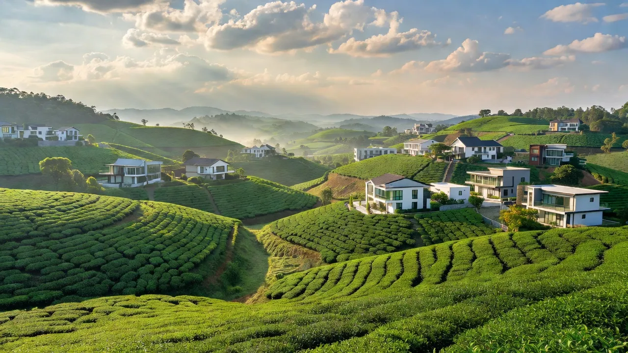 Khung cảnh phường Lộc Sơn, Bảo Lộc với cánh đồng trà và nhà cửa hiện đại, yên bình.