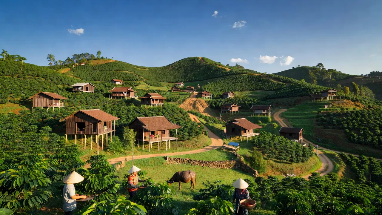 Khung cảnh Lộc Thanh, Thành phố Bảo Lộc với đồi xanh và đồn điền cà phê, thiên nhiên tươi đẹp.