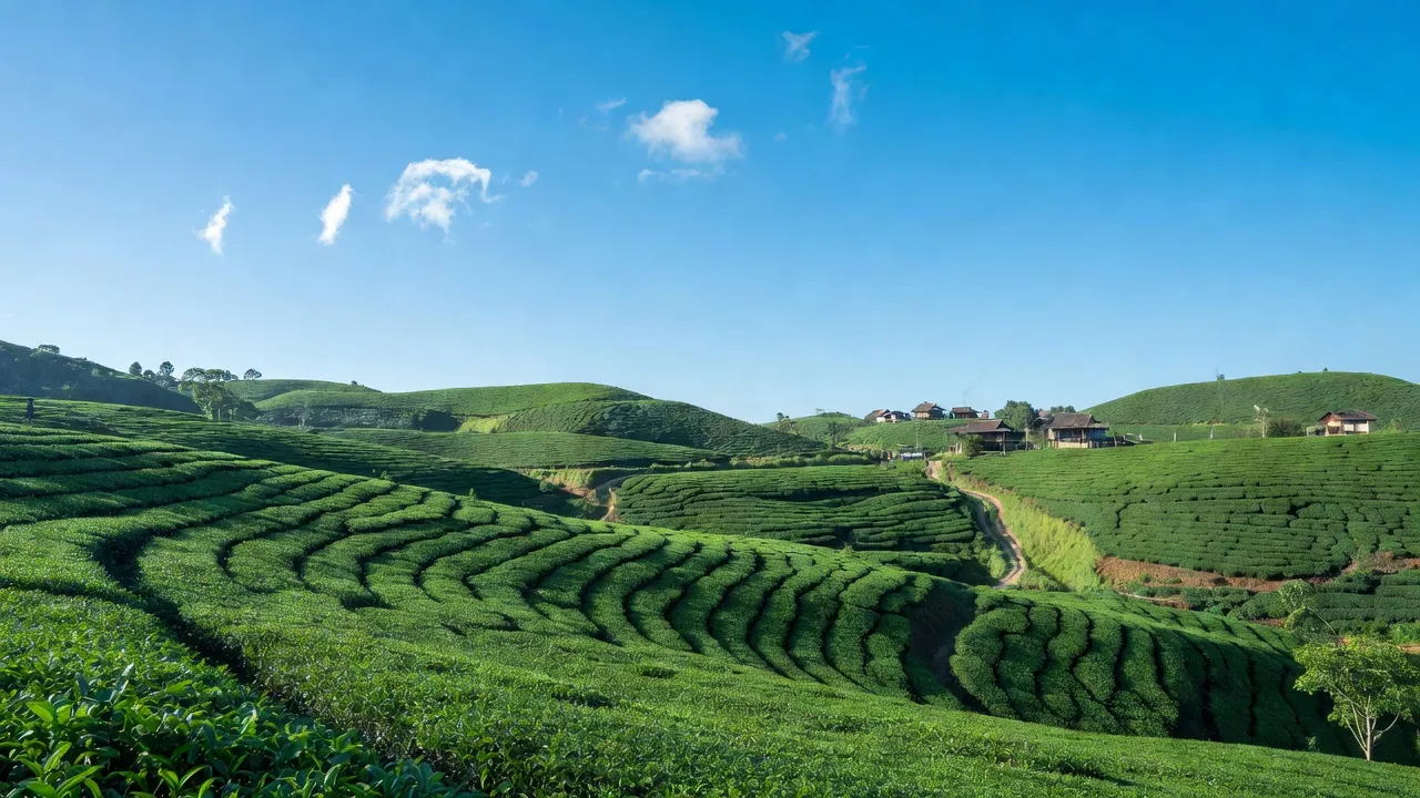 Phường Lộc Tiến, Bảo Lộc, Lâm Đồng với đồi chè xanh mướt và bầu trời trong xanh.