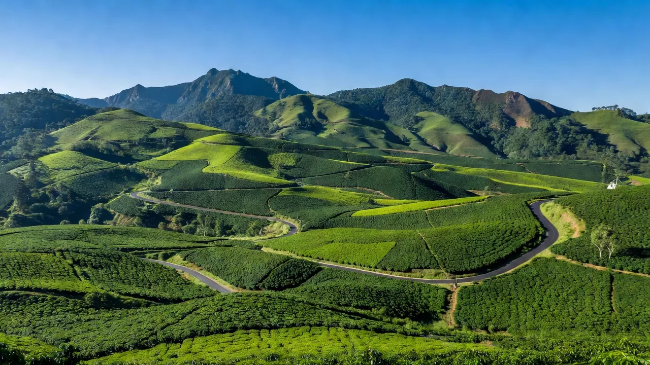 Huyện Đạ Huoai, Lâm Đồng với cánh đồng xanh, đồi núi và đường uốn lượn dưới bầu trời trong xanh.
