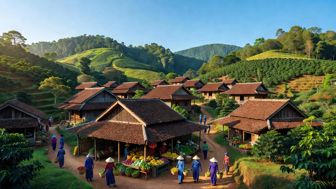 Khung cảnh bình yên xã An Nhơn, huyện Đạ Huoai, Lâm Đồng với đồi xanh tươi và nhà truyền thống.