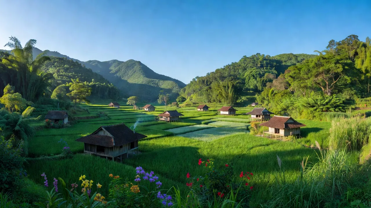 Cảnh quan xã Bà Gia, huyện Đạ Huoai, tỉnh Lâm Đồng, với núi non và nhà truyền thống.
