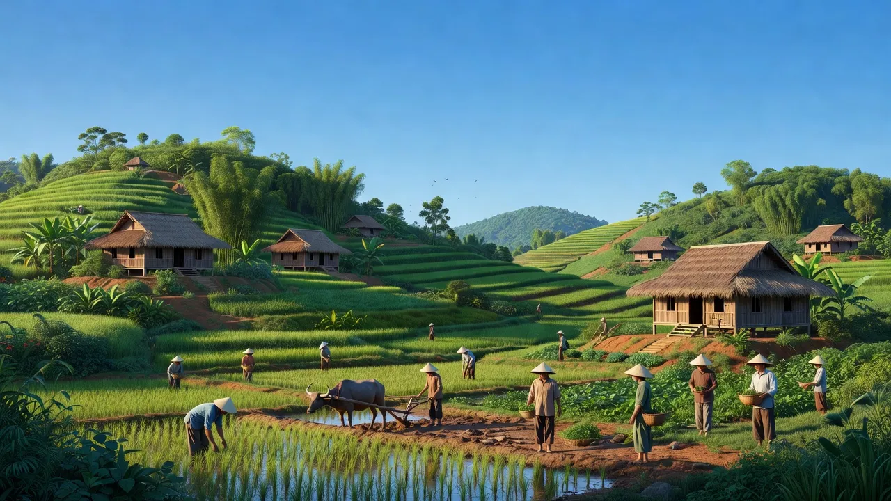 Thị trấn Cát Tiên, Đạ Huoai, Lâm Đồng with green hills and traditional homes, rural landscape.