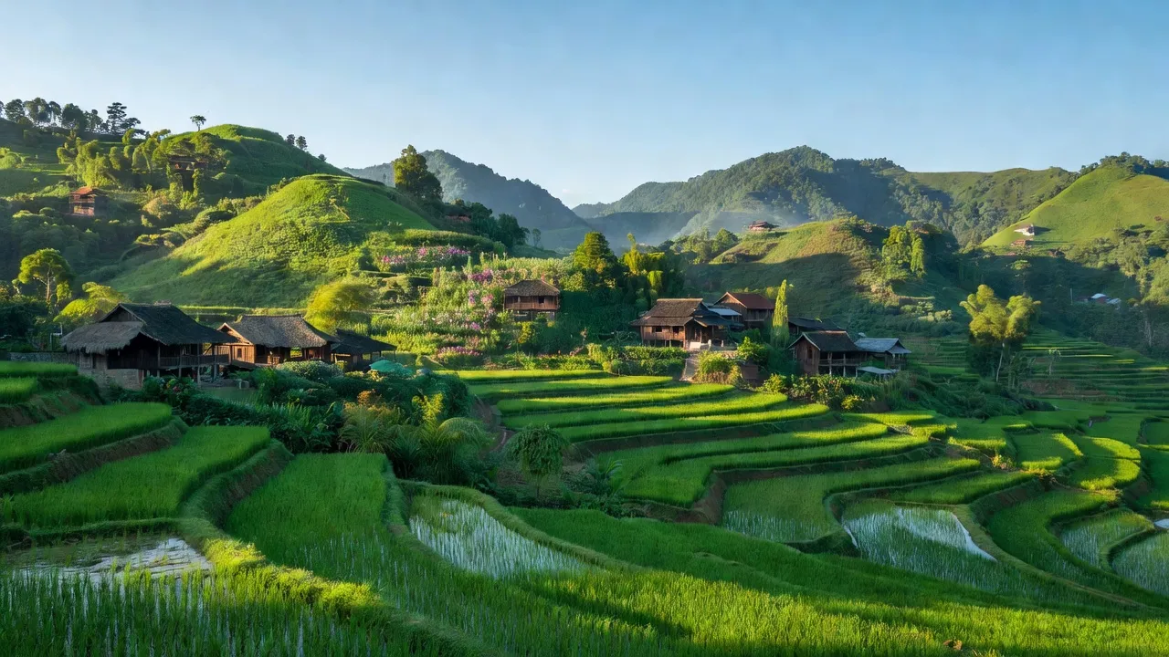 Khung cảnh yên bình ở xã Đạ Lây, huyện Đạ Huoai, tỉnh Lâm Đồng, với nhà gỗ và đồi xanh.