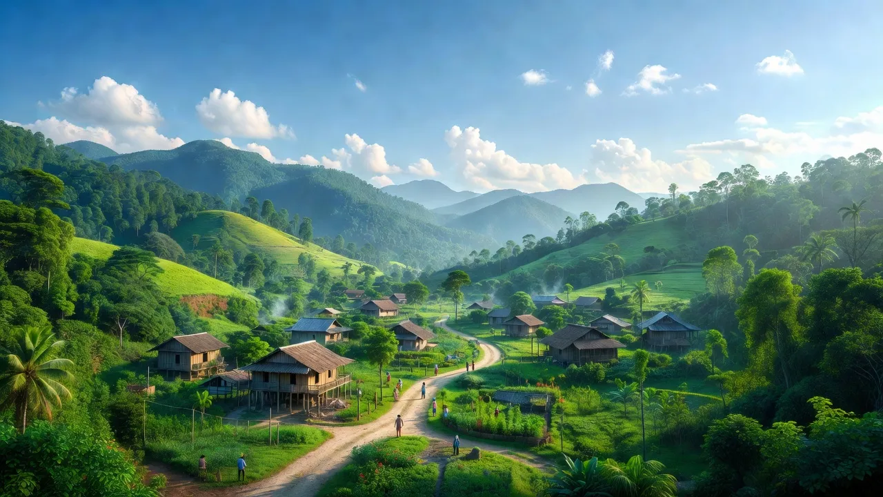 Phong cảnh thị trấn Đạ M'ri, huyện Đạ Huoai, tỉnh Lâm Đồng với núi non, cây cối xanh tươi.