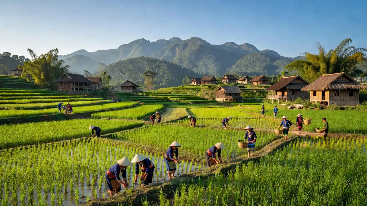Cảnh đồng xanh tươi của xã Đạ Oai, huyện Đạ Huoai, tỉnh Lâm Đồng với nét văn hóa dân tộc.