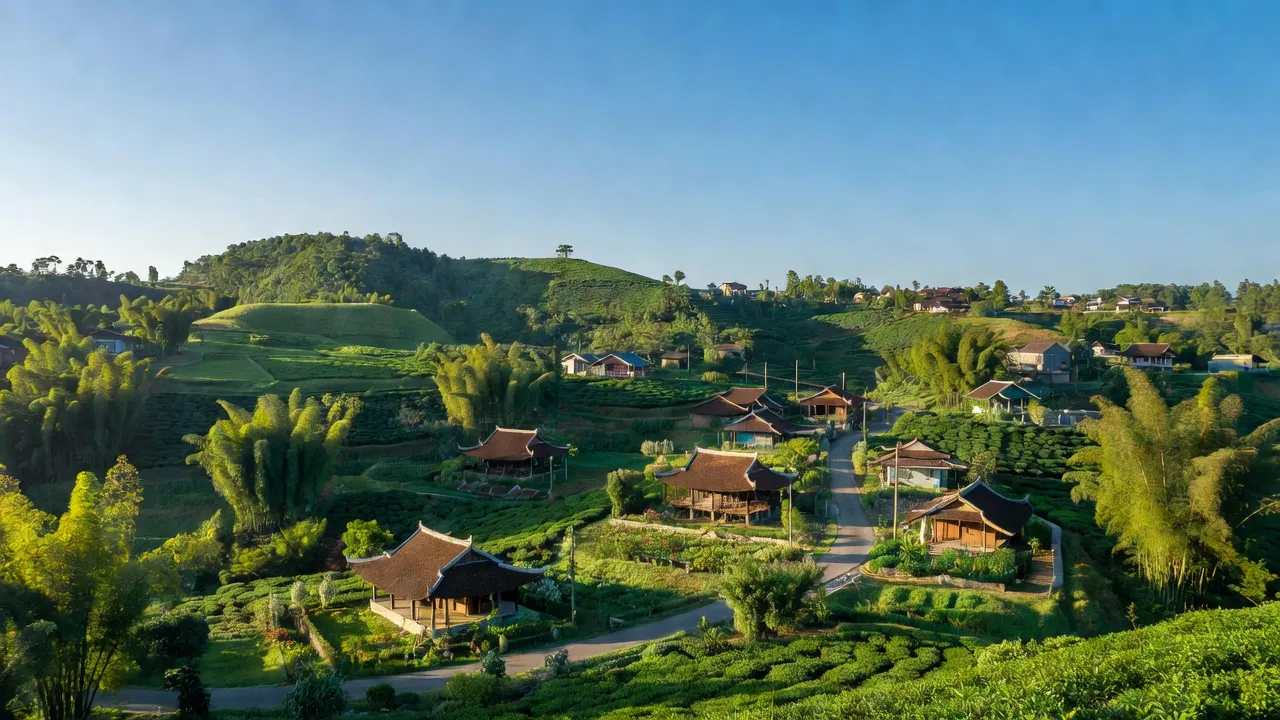 Khung cảnh bình yên của xã Đạ Pal, huyện Đạ Huoai, với những ngọn đồi xanh tươi và bầu trời trong xanh.