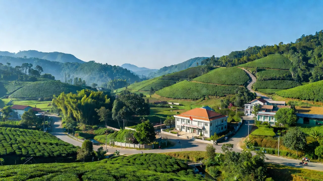 Thị trấn Đạ Tẻh, huyện Đạ Huoai, tỉnh Lâm Đồng với núi xanh và trụ sở UBND huyện.