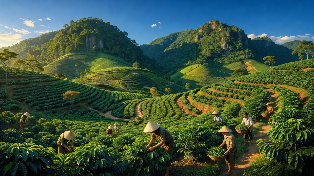 Cánh đồng xanh tươi ở xã Đồng Nai Thượng, huyện Đạ Huoai, tỉnh Lâm Đồng, miền Nam Việt Nam.