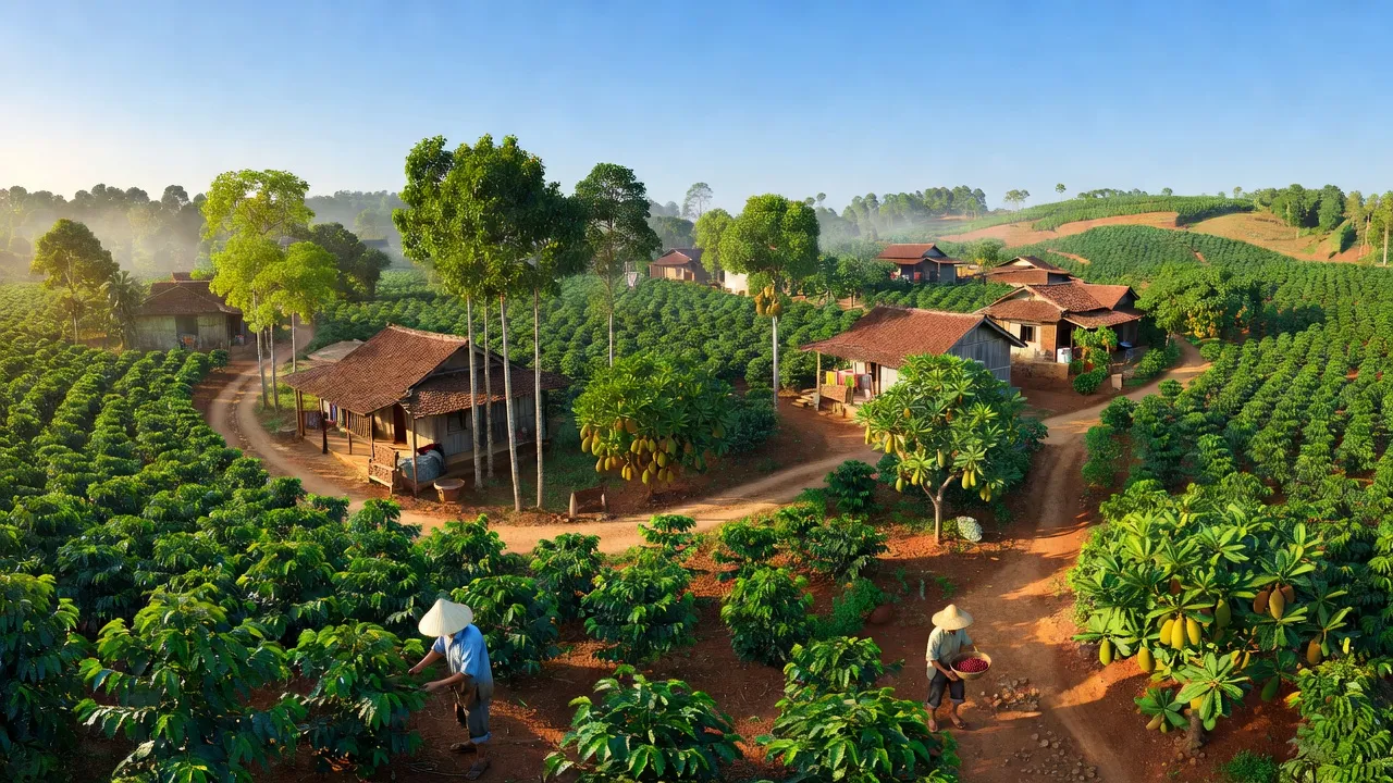 Đồng Nai Thượng, Đạ Huoai, Lâm Đồng with green fields, coffee trees, and local farming activities.