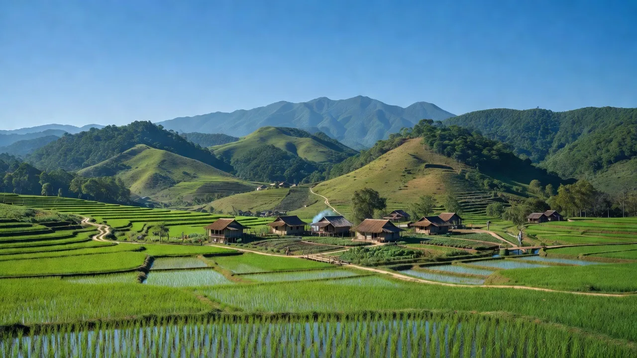 Cảnh đẹp xã Đức Phổ, huyện Đạ Huoai, tỉnh Lâm Đồng, có cây cối xanh tươi và núi đồi.