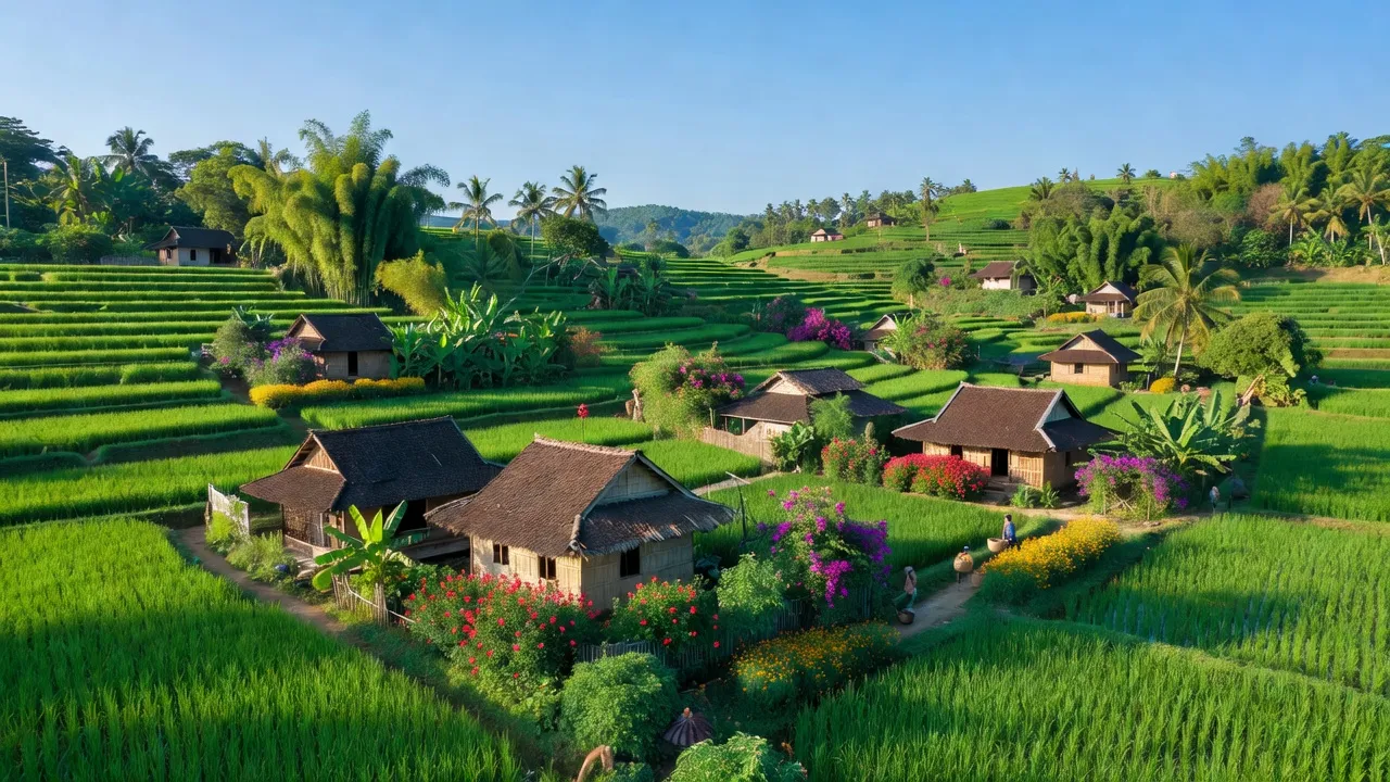 Khung cảnh tươi đẹp tại Xã Gia Viễn, tỉnh Lâm Đồng với nhà truyền thống và thiên nhiên xanh tươi.