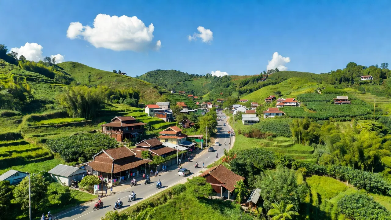 Khung cảnh thị trấn Ma Đa Guôi, huyện Đạ Huoai, Lâm Đồng, đường Quốc lộ 20, và các ngôi nhà truyền thống.