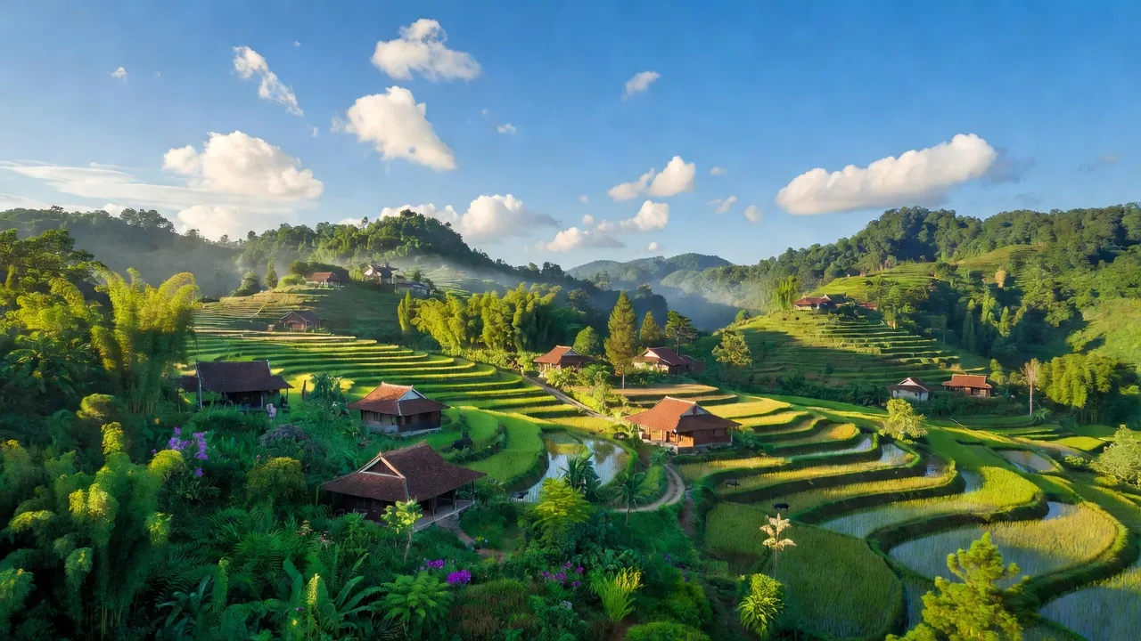 Cảnh đẹp Xã Mỹ Lâm, Huyện Đạ Huoai, Lâm Đồng với núi đồi, cánh đồng và nhà truyền thống.