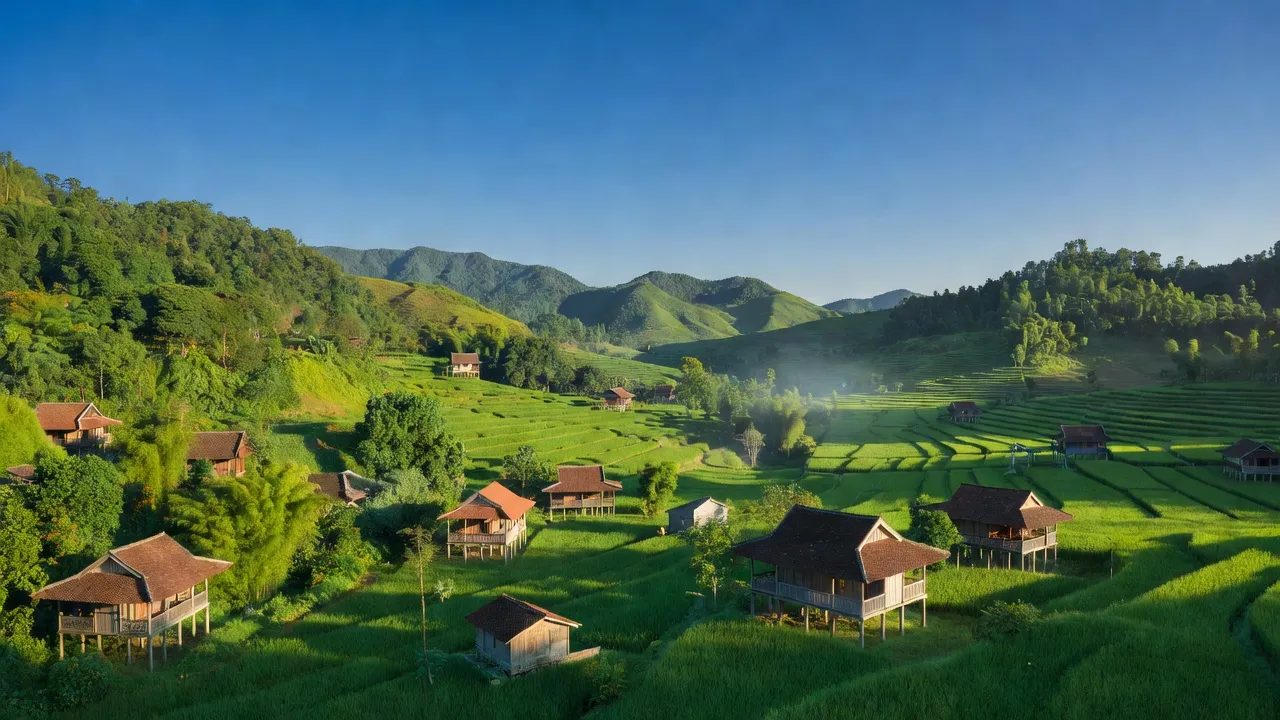 Cảnh quan xã Nam Ninh, huyện Đạ Huoai, tỉnh Lâm Đồng với đồi núi xanh mướt.