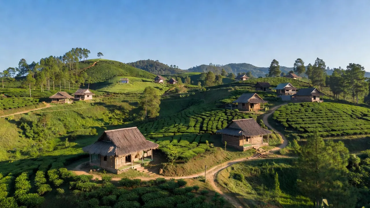 Cảnh đẹp xã Phù Mỹ, huyện Đạ Huoai, tỉnh Lâm Đồng với cảnh đồng xanh, nhà truyền thống.