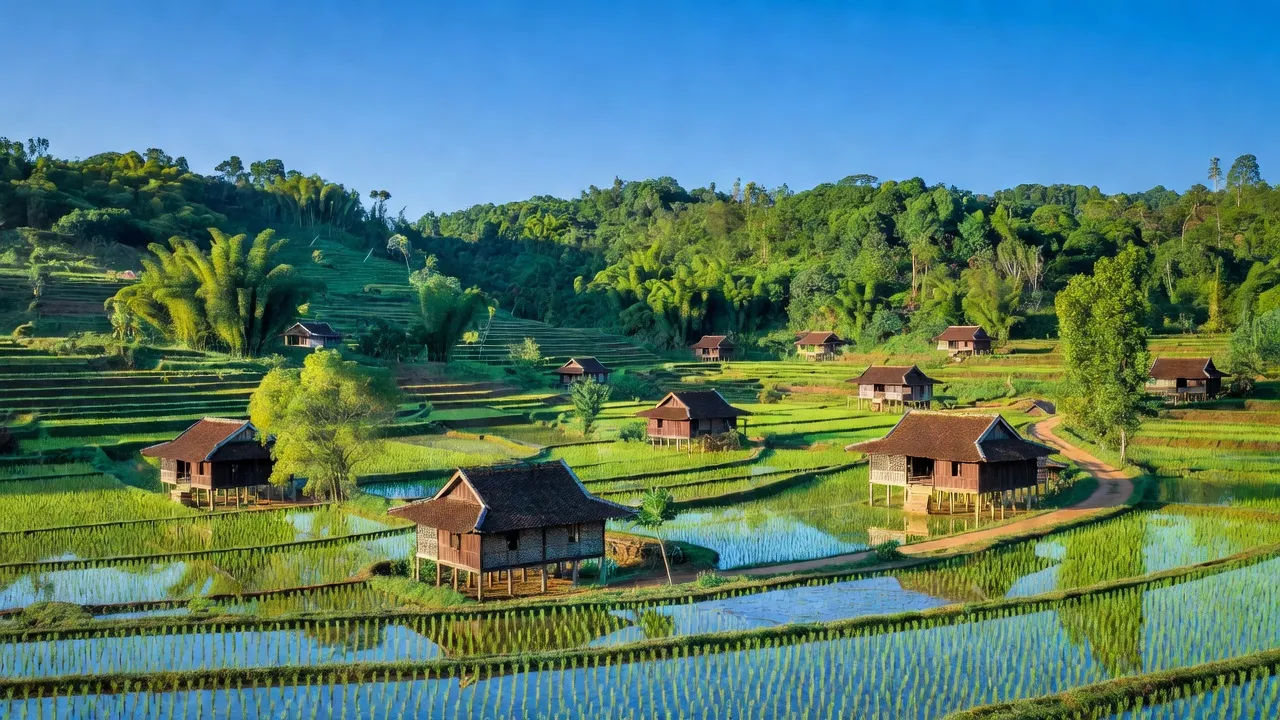 Khung cảnh Xã Phước Cát 2, Huyện Đạ Huoai, Tỉnh Lâm Đồng với cánh đồng xanh tươi.