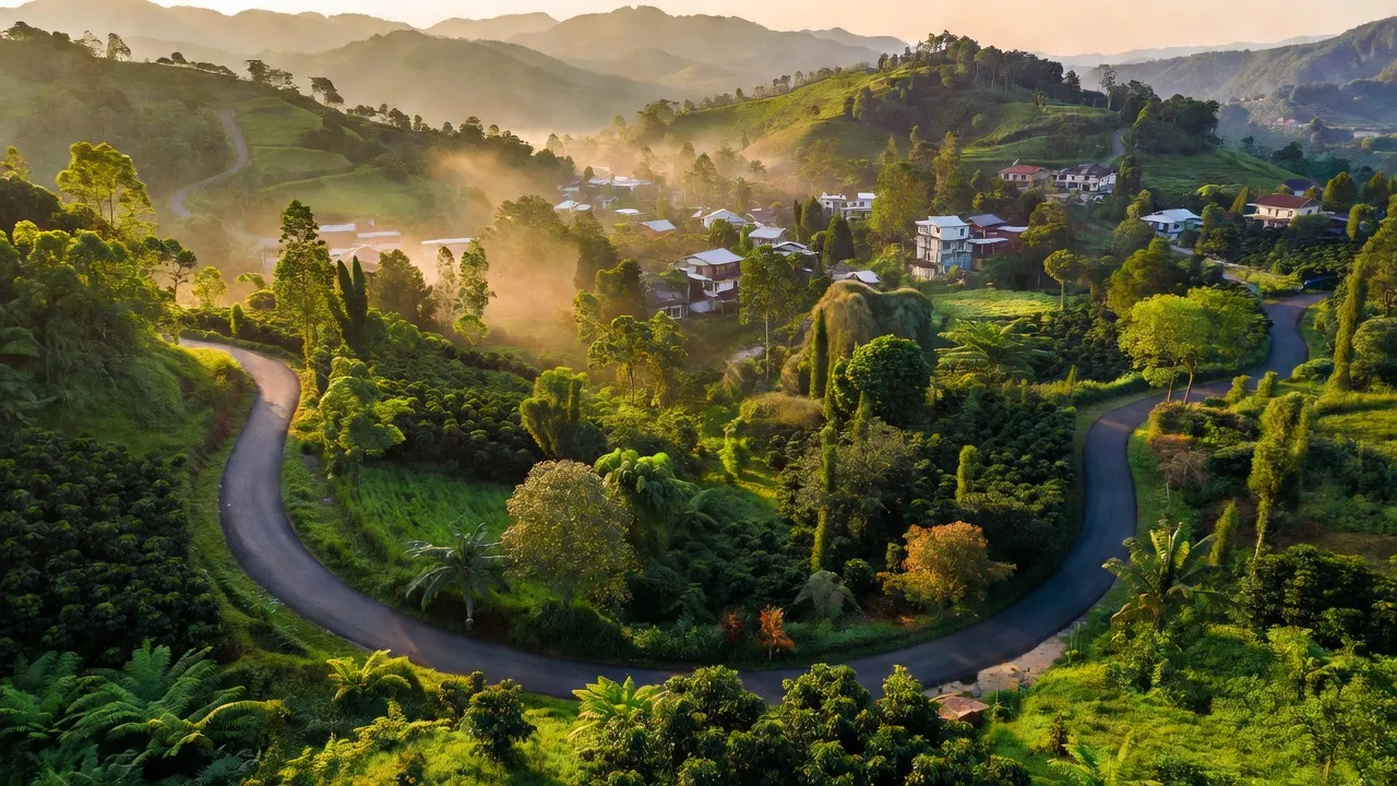 Khung cảnh thị trấn Phước Cát, Đạ Huoai, Lâm Đồng với núi non và cây xanh mát.