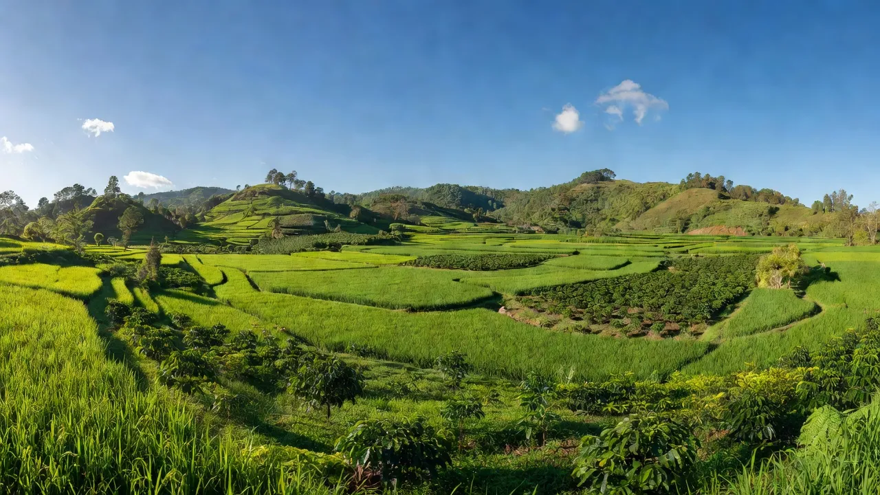 Cảnh quan xanh mát xã Quảng Ngãi, huyện Đạ Huoai, tỉnh Lâm Đồng với bầu trời trong xanh.