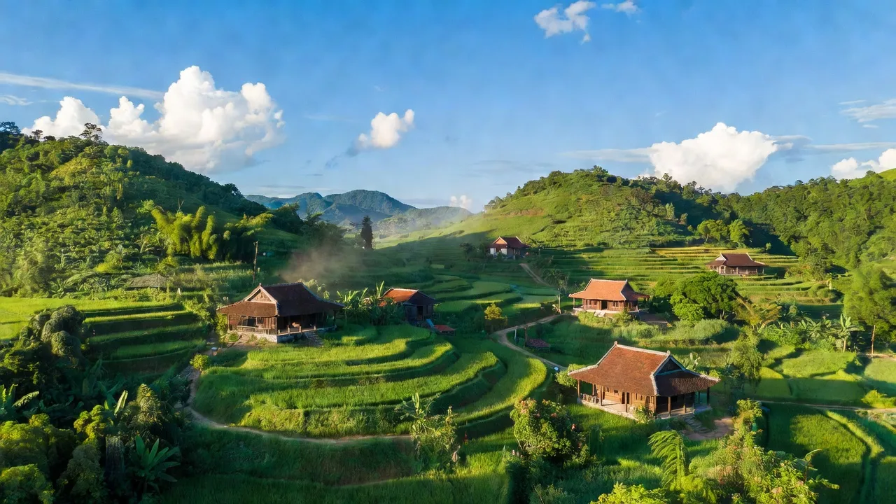 Quảng Trị, huyện Đạ Huoai, tỉnh Lâm Đồng với cảnh quan thiên nhiên tươi đẹp và nhà truyền thống.