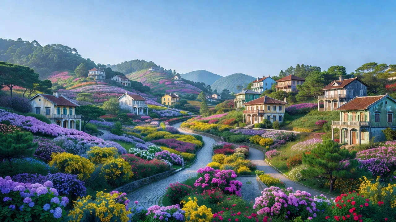 Cảnh quan thành phố Đà Lạt, Tỉnh Lâm Đồng với đồi núi, hoa và biệt thự cổ điển của Pháp.