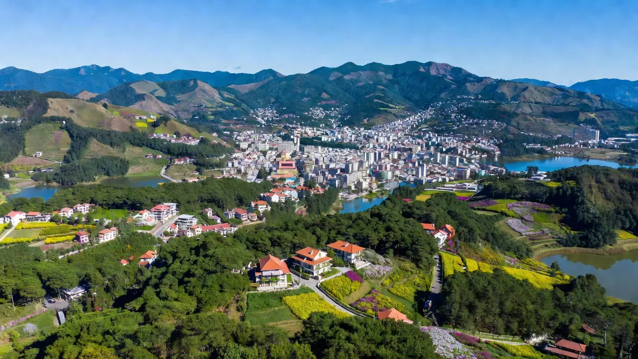 Khung cảnh thiên nhiên tuyệt đẹp của thành phố Đà Lạt, tỉnh Lâm Đồng, với rừng thông và hồ nước.