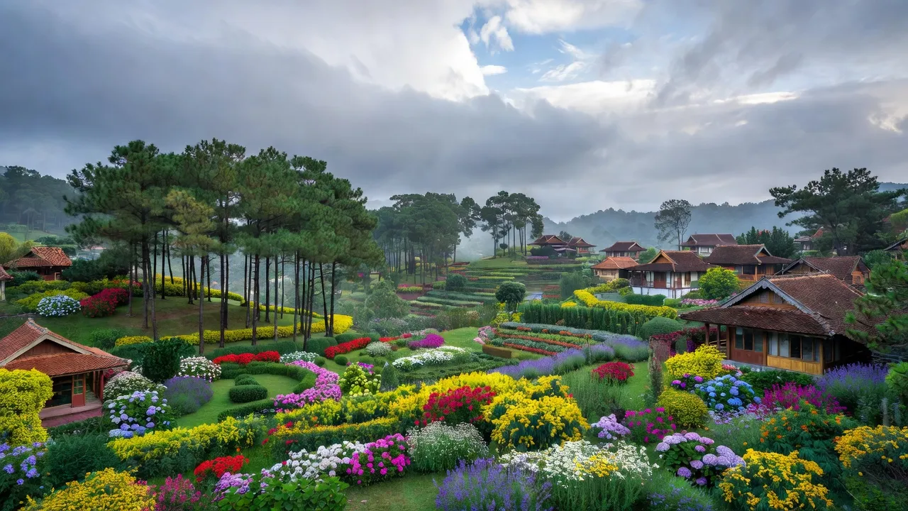 Khung cảnh Phường 7 Đà Lạt với hoa, cây thông, và nhà truyền thống dưới bầu trời nhiều mây.