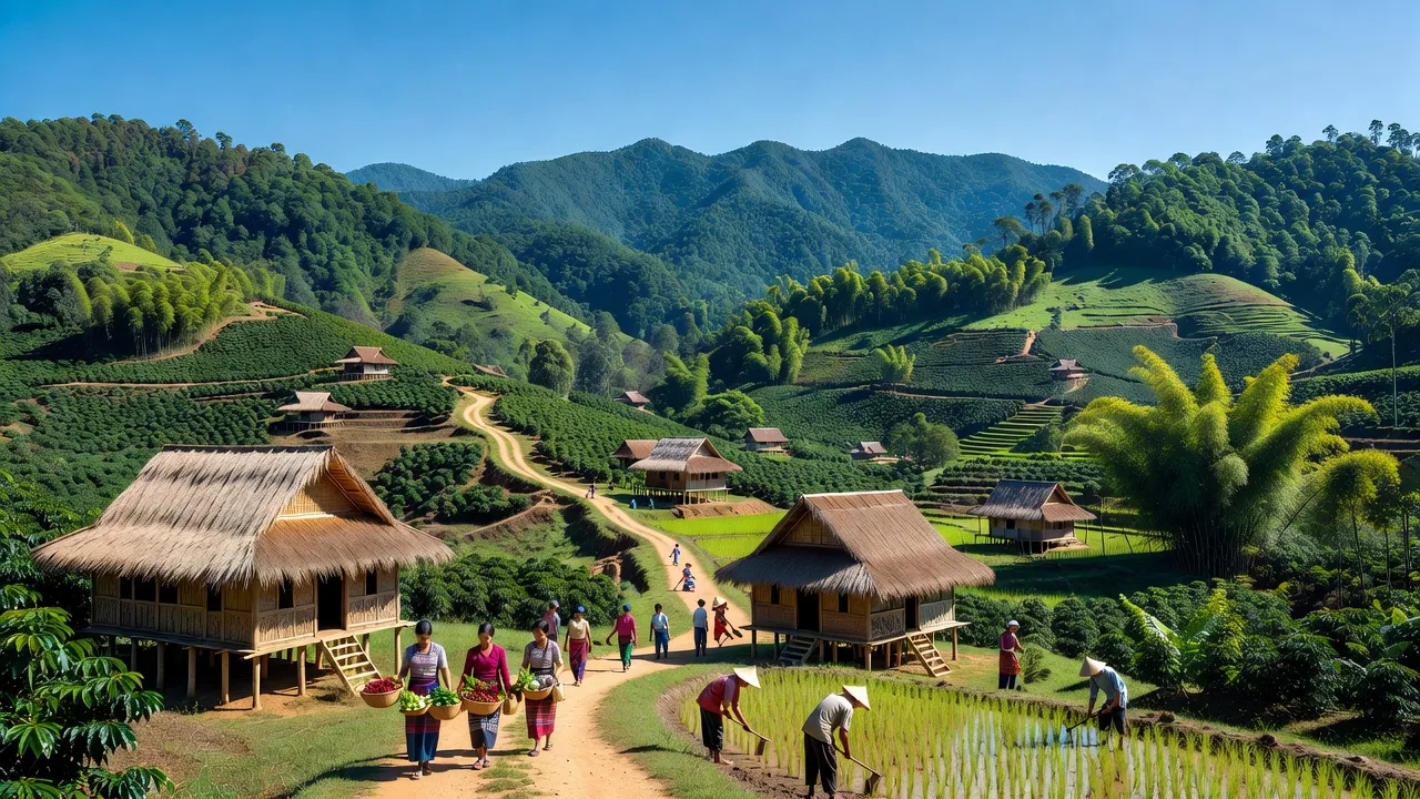 Khung cảnh huyện Đam Rông, Lâm Đồng với địa hình núi non, nhà truyền thống và bầu trời nắng.