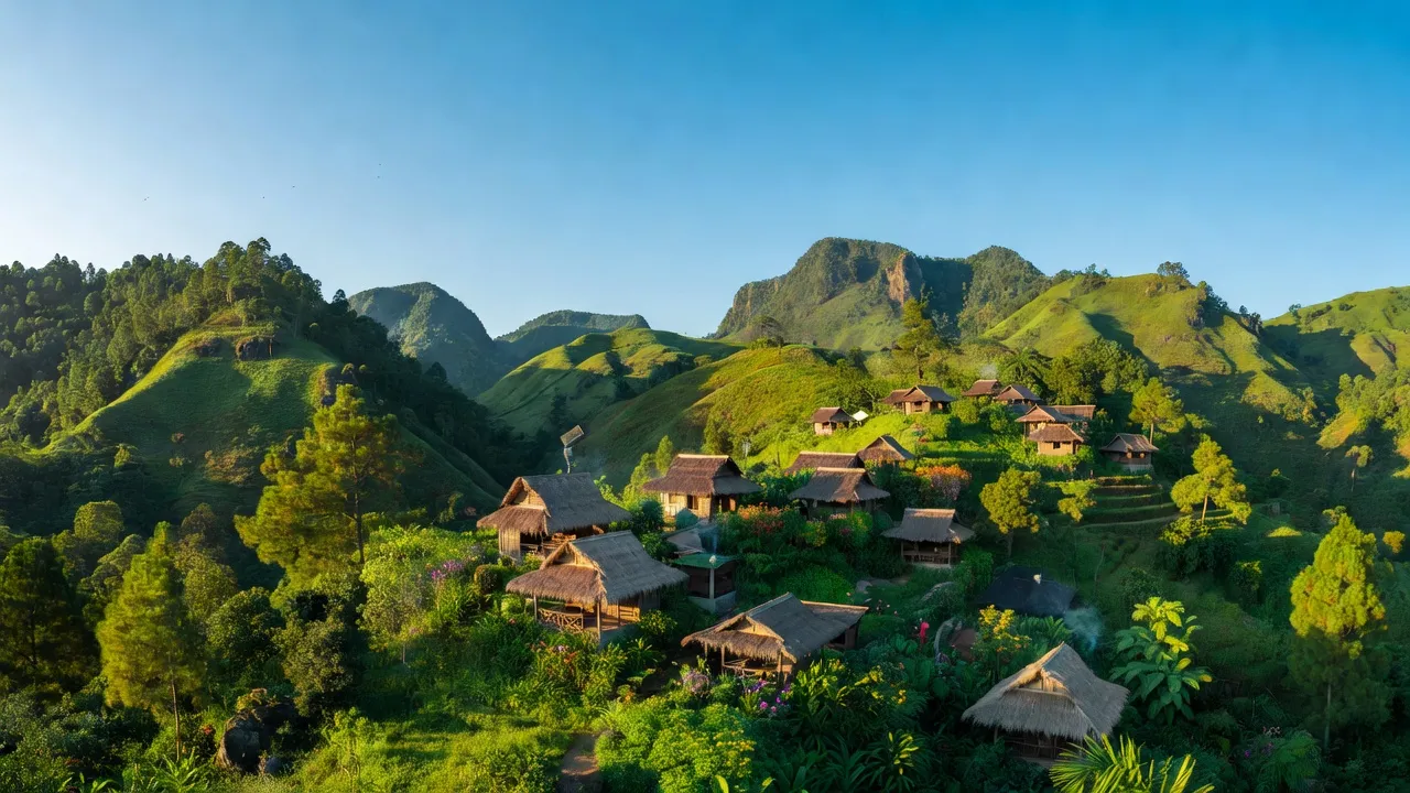 Quang cảnh huyện Đam Rông tỉnh Lâm Đồng với địa hình núi đẹp và cuộc sống truyền thống.
