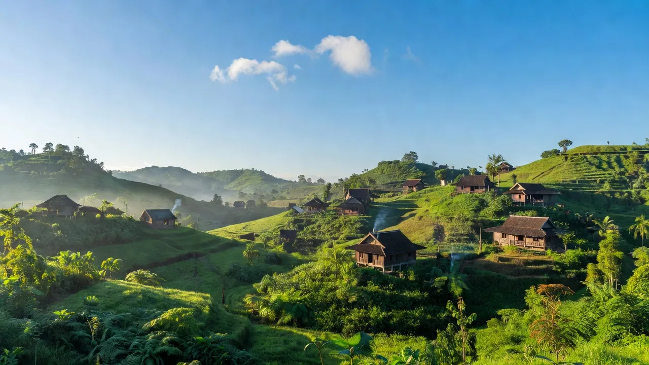 Cảnh đẹp xã Đạ M' Rong, huyện Đam Rông, tỉnh Lâm Đồng với núi xanh và nhà gỗ truyền thống.